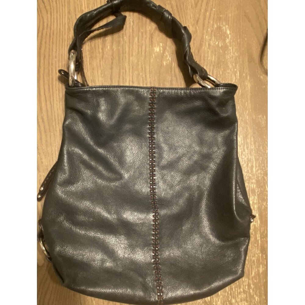 B MAKOWSKY Black Leather Brown Stitch Silver Hardware Hand Shoulder Bag Zipper